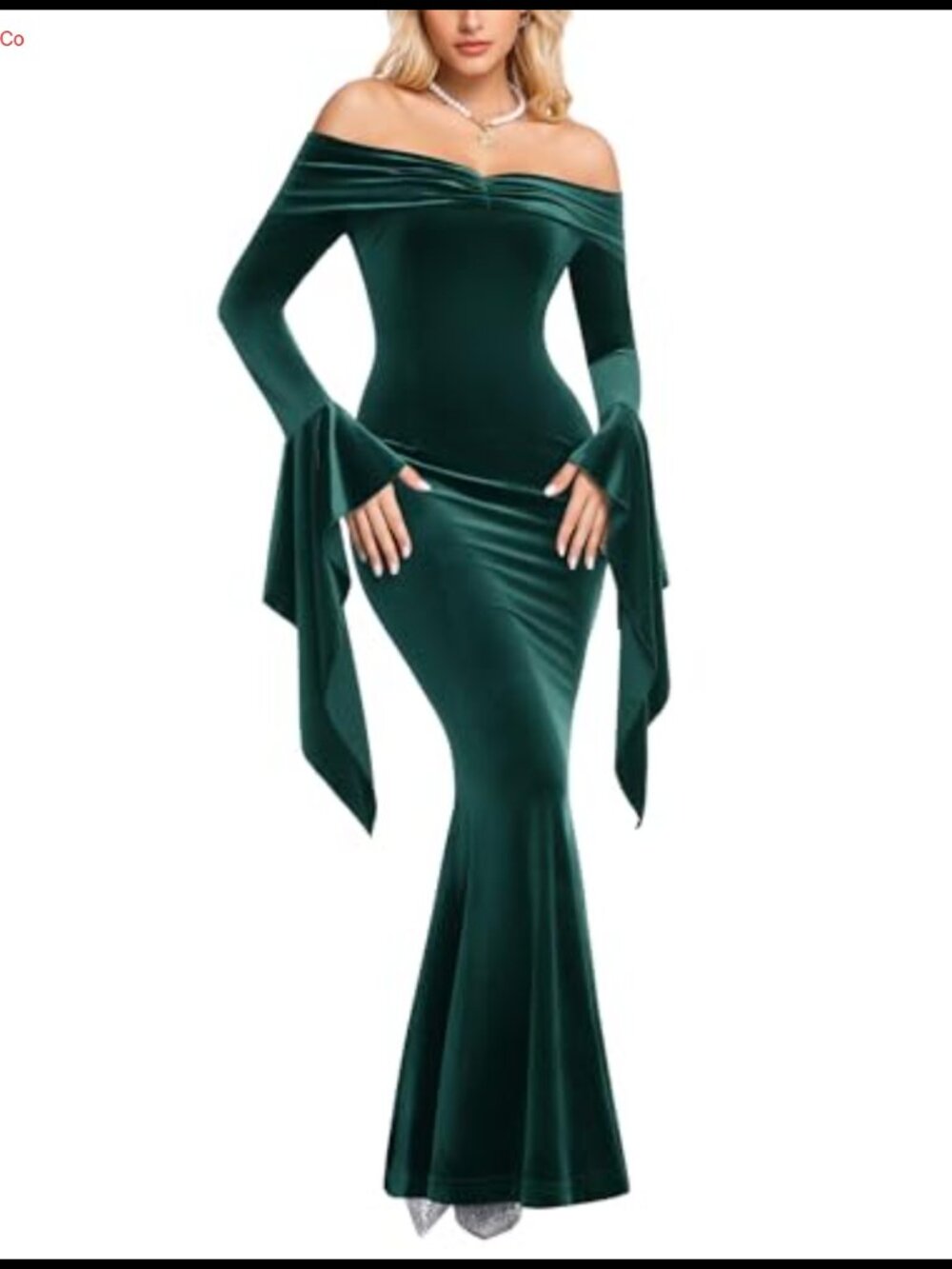 Off Shoulder Lace Maxi Wedding Dress Bell Sleeve Mermaid Party Gown